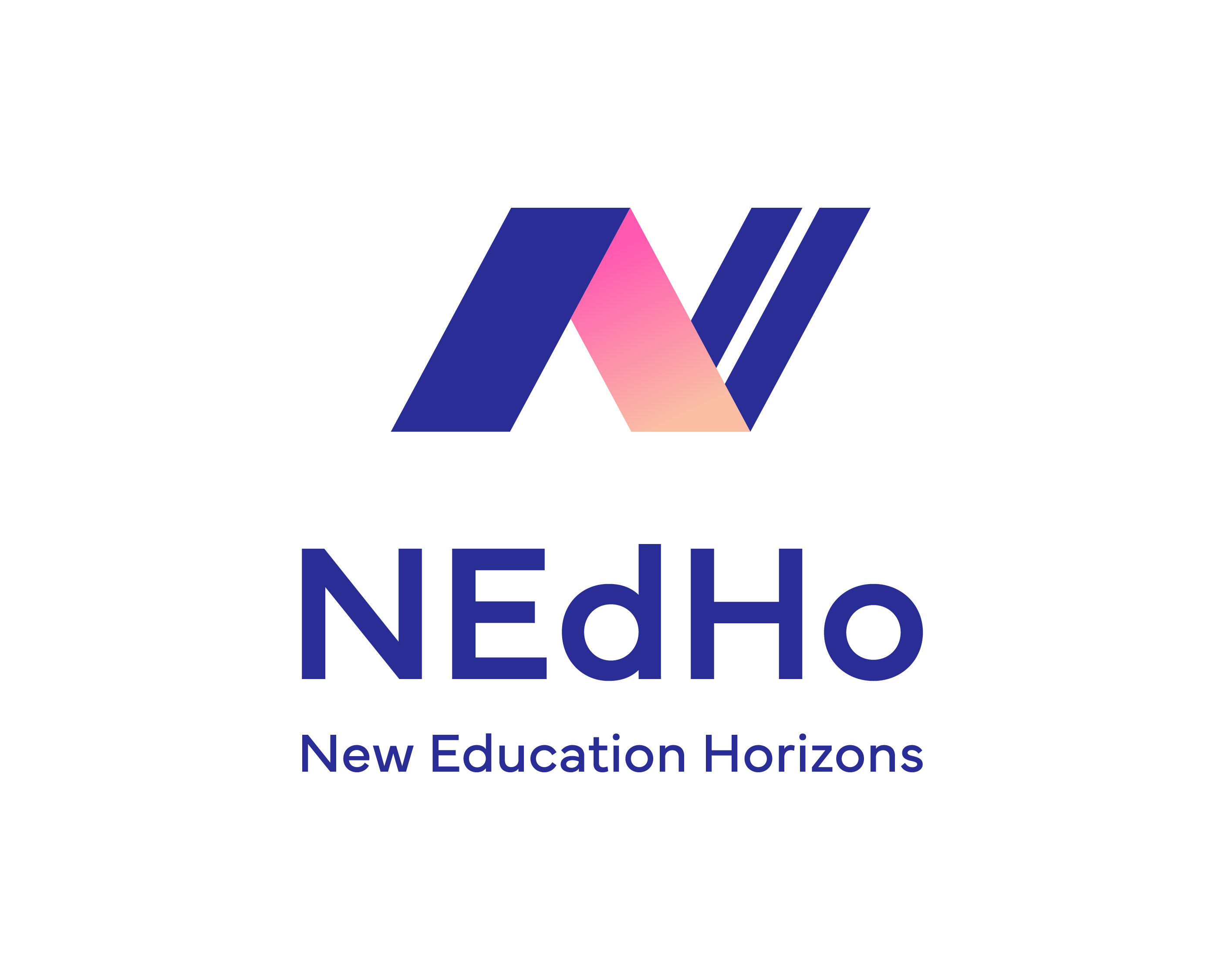 Dark blue and shades of pink capital N with the word "nedho" written underneath. Under it "new education Horizons"